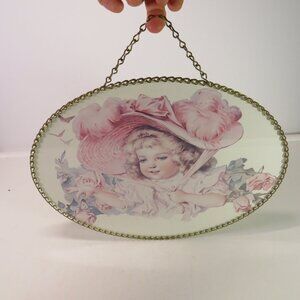 vintage inspired Victorian chimney flue cover girl with bonnet print glass chain